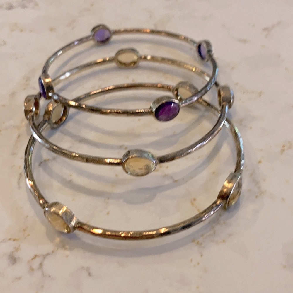 Silver natural stone citrine and amethyst bangles